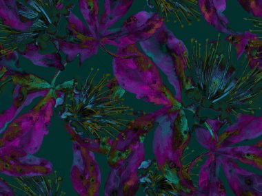 Çiçek desenli moda. Mor Arkaplanda Büyük Hawaii Kusursuz Parmak izi. Büyük Orman Yaz Aquarelle Granadilla Sonsuz Arkaplan. Rastgele Çiçek Deseni.