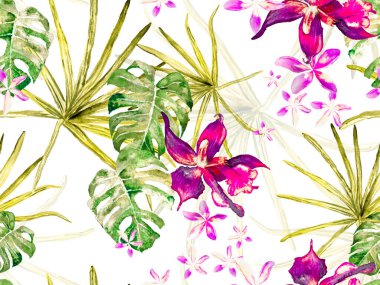 Egzotik Hawaii Tasarımı. Tayland döşeme dokusu. Orkideli mayo baskısı, Palm Leaves. Suluboya Çiçek Geçmişi. Tropik Yaz Baskısı. Yeşil ve Kırmızı Orkide Kusursuz Desen.