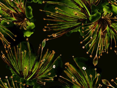 Bold Floral Print. Yeşil Arkaplanda Büyük Egzotik Kusursuz Parmak izi. Büyük Hawaii Baharı Maracuja Sonsuz Arkaplanı. Moda Kalın Çiçek Yazdırma.