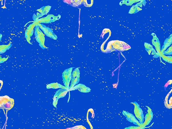 Large hipster flamingo blue hawaiian seamless pattern. Spring saturated watercolor t-shirt print. Saturated hipster swimwear tile with wild feathered fowls. Horizontal tile with flamingos.