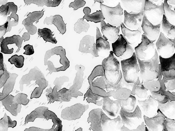 Siyah ve Beyaz Leopar desensiz. Suluboya El Çita Yazısı. Vahşi Cilt Egzotik Doku. Geometrik Kürk arka planı. Leopar ve Jaguar Deri. Suluboya El Boyalı Cilt Deseni.