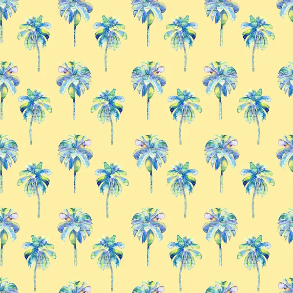 Avuç içi izi. Egzotik suluboya desensiz. Hawaii Tropikal Baskısı. Palmiye ağaçlı mayo tasarımı. Egzotik Yaprak İlişkisi. Suluboya Botanik Kusursuz Arka plan. Muz ve Hindistan cevizi ağaçları.