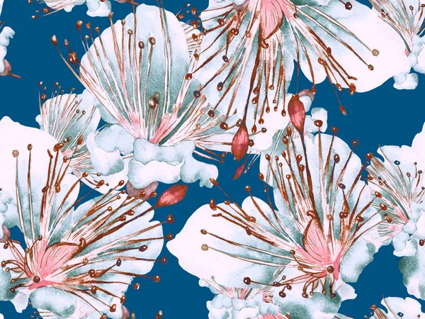 花型流行 深蓝色背景的大型异型无缝印刷 大型异国情调夏季水彩画激情水果无尽的背景 随机花序模式 — 图库照片