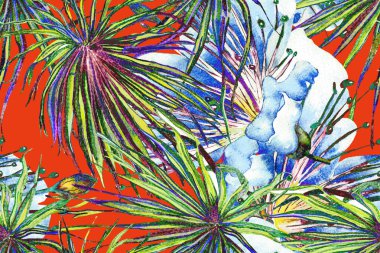 Suluboya Yatay Tropik Tasarım. Palm Geometric Mayo desenli. Palmiye yapraklarının eğlenceli dokusu. Tropikal Kusursuz Desen. Etnik Aloha İlişkisi. Egzotik Bikini Özgeçmişi. Yeşil ve Kırmızı