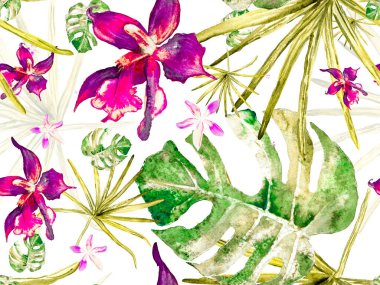 Suluboya Çiçek Geçmişi. Tropik Yaz Baskısı. Orkide Kusursuz Desen. Orkideli yeşil ve kırmızı mayo baskısı, Palm Leaves. Egzotik Hawaii Tasarımı. Tayland Döşeme Dokusu.