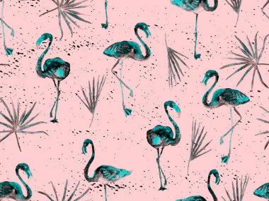 Büyük hipster flamingo mavisi, kusursuz Hawaii deseni. Yaz tropikal kuşları sonsuz baskıyı suluboya. Yaban kuşlarıyla minimalist geometrik mayo arka planı. Flamingolu yatay fayans.