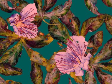 Bold Floral Print. Yeşil, Mavi Arkaplanda Büyük Orman Kusursuz Parmak izi. Büyük Hawaii Yaz Aquarelle Lilikoi Sonsuz Geçmişi. Moda Kalın Çiçek Yazdırma.