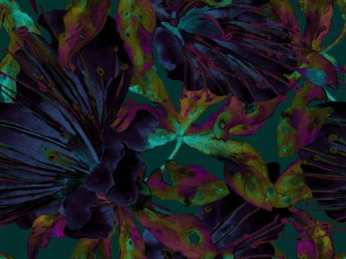 Kalın Çiçekler. Yeşil ve Kırmızı Arkaplanda Büyük Tropikal Kusursuz Parmak izi. Büyük Tropik Bahar Maracuja Sonsuz Arkaplanı. Soyut Kalın Çiçek Yazdırma. 