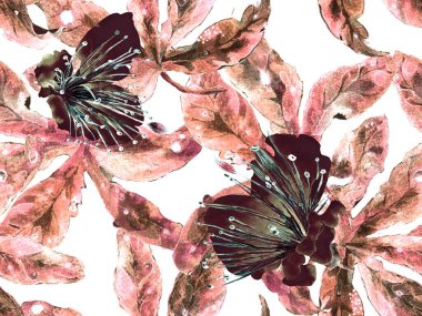 Çiçek desenli moda. Kızıl Arkaplanda Büyük Egzotik Kusursuz Parmak izi. Büyük Hawaii Bahar Sulu Granadilla Sonsuz Arkaplan. Rastgele Çiçek Deseni.