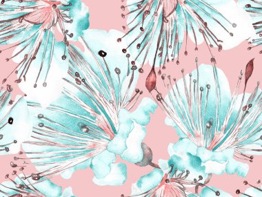 Cesur soyut çiçek deseni. Yeşil ve Kırmızı Arkaplanda Büyük Egzotik Kusursuz Parmak izi. Büyük Tropik Bahar Suluboya Tutku Meyvesi Sonsuz Arkaplan. Modern Kalın Soyut Çiçek Deseni.