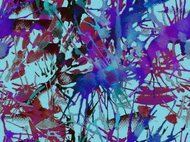 Sıvı, pürüzsüz desen. Mavi suluboya fırça darbesi grunge tasarımı. Suluboya kaotik sıçrama boya tasarımı. Kademeli mürekkep lekeleri. Toprak sıçrama deseni. Sıvı damlayan fırça sonsuz iz. 