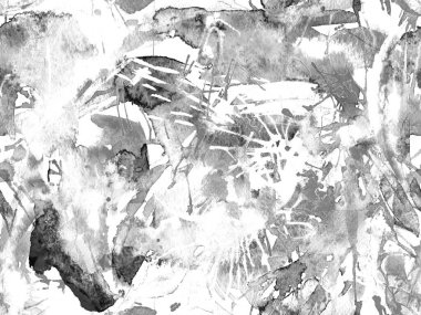 Püskürme izi yok. Siyah ve beyaz suluboya fırça darbesi grunge fayans. Suluboya boya boya tasarımı. Elle çizilmiş mürekkep lekeleri. Toprak sıçrama deseni. Sıvı damlayan fırça sonsuz iz.