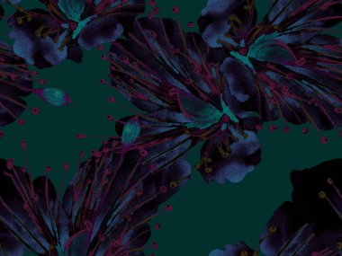 Cesur Çiçek Tasarımı. Yeşil ve Mavi Arkaplanda Büyük Tropikal Kusursuz Parmak izi. Büyük Hawaii Yazı Maracuja Sonsuz Arkaplanı. Sanatsal Kalın Çiçek Tasarımı.