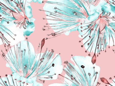 Cesur soyut çiçek deseni. Yeşil ve Kırmızı Arkaplanda Büyük Hawaii Kusursuz Parmak izi. Büyük Egzotik Yaz Aquarelle Lilikoi Sonsuz Arkaplan. Modern Kalın Soyut Çiçek Deseni.