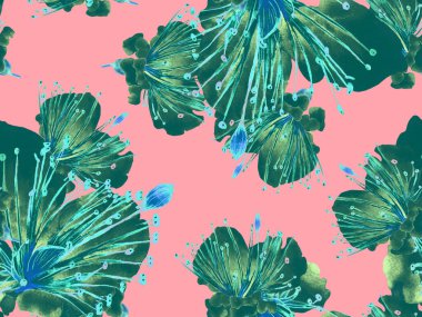 Bold Floral Print. Yeşil ve Kızıl Arkaplanda Büyük Hawaii Kusursuz Parmak izi. Büyük Orman Yazı Maracuya Sonsuz Arkaplanı. Moda Kalın Çiçek Yazdırma.