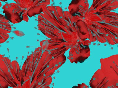 Kalın Çiçek deseni. Mavi ve Kırmızı Arkaplanda Büyük Egzotik Kusursuz Parmak izi. Büyük Hawaii Yaz Sulu Maracuja Sonsuz Arkaplan. Kalın Çiçek Tasarımı.