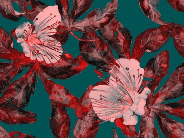 Kalın Çiçekler. Yeşil ve Kırmızı Arkaplanda Büyük Hawaii Kusursuz Parmak izi. Büyük Hawaii Yaz Aquarelle Lilikoi Sonsuz Geçmişi. Soyut Kalın Çiçek Yazdırma. 