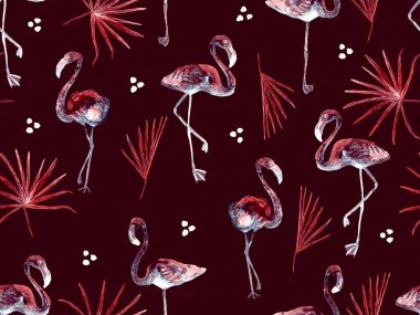 Büyük flamingo hippi kızıl Hawaii 'nin kusursuz deseni. Yaz tropikal kuşları sonsuz baskıyı suluboya. Doymuş hippi mayo, tüylü kuşları olan fayanslar. Flamingolu yatay fayans.