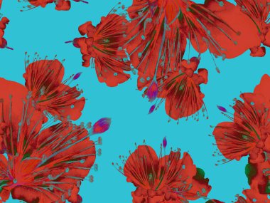 Kalın Çiçek deseni. Büyük Orman İşaretsiz Mavi, Kırmızı Arkaplan. Büyük Egzotik Bahar Suluboya Tutku Meyvesi Sonsuz Arkaplan. Modern Kalın Çiçek Deseni.