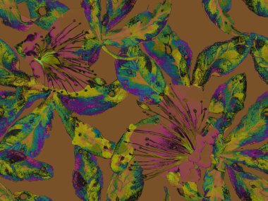 Kalın Çiçek deseni. Kahverengi Arkaplanda Geniş Ormansız Parmak izi, Kara Arkaplan. Büyük Tropik Yaz Suluboya Lilikoi Sonsuz Geçmişi. Kalın Çiçek Tasarımı.