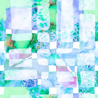 Mavi İndigo ve Tidewater Yeşil Bauhaus Kusursuz Desen. Organik arka plan. Eğlenceli Geometri. Suluboya Moda Sanatı. Afrika Geo Fırça darbesi. Freehand Suluboya Hatları. 70 'lerin Renkli Kübizm Çizimi.