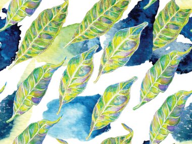 Yaz Vintage Arkaplanı. Klasik Mavi ve Indigo Ayurveda deseni. Canlı Sakura ve Jasmine Print. Suluboya Turuncu Çiçek ve Yapraklar. Biyo Jasmin Kusursuz Desen.