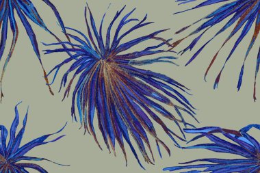 İndigo Mavi Palmiye Yaprakları Eğlenceli Doku. Etnik Aloha İlişkisi. Egzotik Bikini Özgeçmişi. Suluboya Yatay Tropik Tasarım. Palm Geometric Mayo desenli. Tropikal Kusursuz Desen.