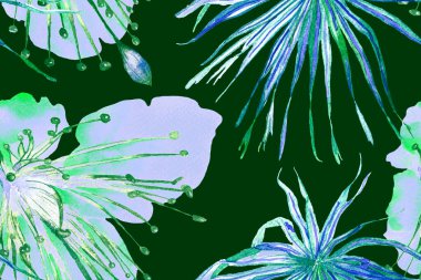 Etnik Aloha İlişkisi. Egzotik Bikini Özgeçmişi. Suluboya Yatay Tropik Tasarım. Palm Geometric Mayo desenli. Tropikal Kusursuz Desen. Turkuaz Mavi Palmiye Yaprakları Eğlenceli Doku.