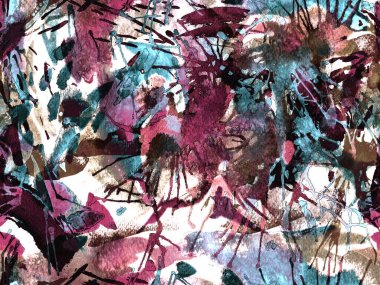 Sıvı, pürüzsüz desen. Mavi suluboya fırça darbesi grunge tasarımı. Suluboya kaotik sıçrama boya tasarımı. Elle çizilmiş mürekkep lekeleri. Toprak sıçrama deseni. Sıvı damlayan fırça sonsuz iz.