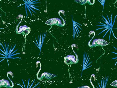 Büyük flamingo hippi yeşil Hawaii 'nin kusursuz deseni. İlkbahar suluboya tişört baskısı. Doymuş hippi mayo, tüylü kuşları olan fayanslar. Suluboya yatay fayans.