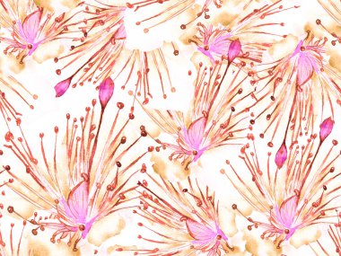 Kalın Çiçek deseni. Pembe ve Sarı Arkaplanda Büyük Ormansız Parmak İzi. Büyük Tropik Bahar Maracuya Sonsuz Arkaplanı. Kalın Çiçek Tasarımı.