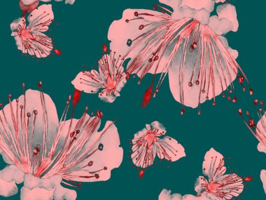 Cesur Çiçek Tasarımı. Yeşil ve Kırmızı Arkaplanda Büyük Tropikal Kusursuz Parmak izi. Büyük Orman Yaz Aquarelle Tutku Meyvesi Sonsuz Arkaplan. Sanatsal Kalın Çiçek Tasarımı.