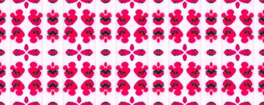 Geometrik Etnik Kusursuz Desensiz Ikat Yatay Doku. Eğlenceli Simetrik Sınır Uyumu. Mercan kırmızısı suluboya el çizimi Batik. Psikedelik Halk Arkaplanı. Allover Etnik Mayo Tasarımı