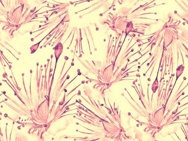 Kalın Çiçek deseni. Pembe ve Sarı Arkaplanda Büyük Orman Kusursuz Parmak izi. Geniş Orman Yaz Suluboya Lilikoi Sonsuz Geçmişi. Modern Kalın Çiçek Deseni.