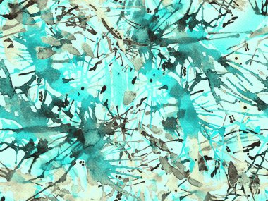 Sıvı, pürüzsüz desen. Mavi suluboya fırça darbesi grunge fayans. Suluboya kaotik sıçrama boya tasarımı. Kademeli mürekkep lekeleri. Toprak sıçrama deseni. Sıvı damlayan fırça sonsuz iz.