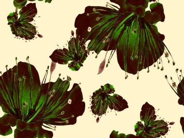 Kalın Çiçek deseni. Yeşil Arkaplanda Büyük Tropikal Kusursuz Parmak izi. Büyük Hawaii Baharı. Sonu gelmez Tutku Meyvesi. Kalın Çiçek Tasarımı.