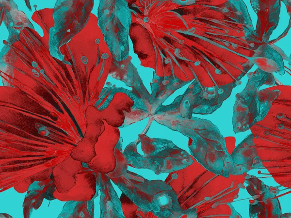 Çiçek desenli moda. Yeşil ve Kırmızı Arkaplanda Büyük Tropikal Kusursuz Parmak izi. Büyük Hawaii Baharı Maracuya Sonsuz Arkaplanı. Rastgele Çiçek Deseni.