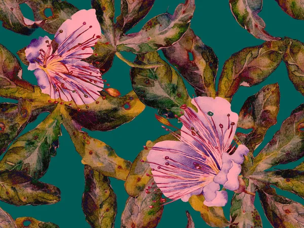 Bold Floral Print. Yeşil, Mavi Arkaplanda Büyük Orman Kusursuz Parmak izi. Büyük Hawaii Yaz Aquarelle Lilikoi Sonsuz Geçmişi. Moda Kalın Çiçek Yazdırma.