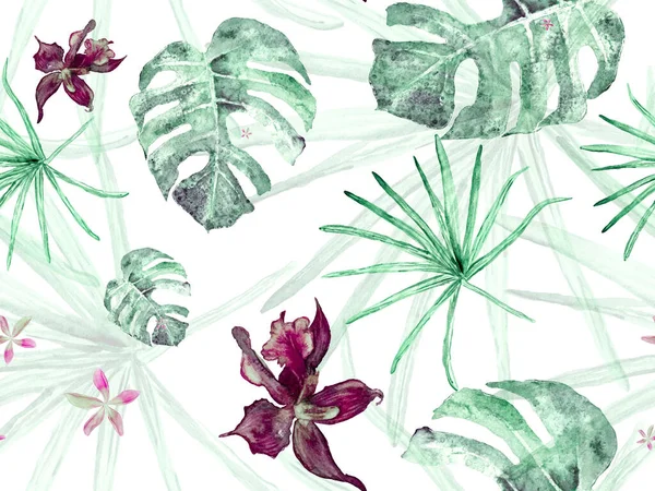 Kırmızı ve Gri Egzotik Hawaii Tasarımı. Tayland döşeme dokusu. Suluboya Çiçek Geçmişi. Tropik Yaz Baskısı. Orkide Kusursuz Desen. Orkideli mayo baskısı, Palm Leaves.