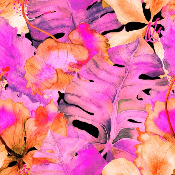 Tropikal desen. Suluboya egzotik çiçekler ve canavar yaprakları. Palm ve Hibiscus bitkileri kusursuz desende. Yaz Hawaii suluboya geçmişi. Tropik palmiyeler, canavarlar, çiçek desenleri..