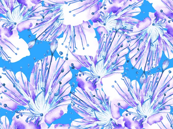 Kalın Çiçek deseni. Büyük bir Hawai parmak izi, mavi, Indigo arka planında. Büyük Orman Baharı Sulu Granadilla Sonsuz Arkaplan. Modern Kalın Çiçek Deseni.