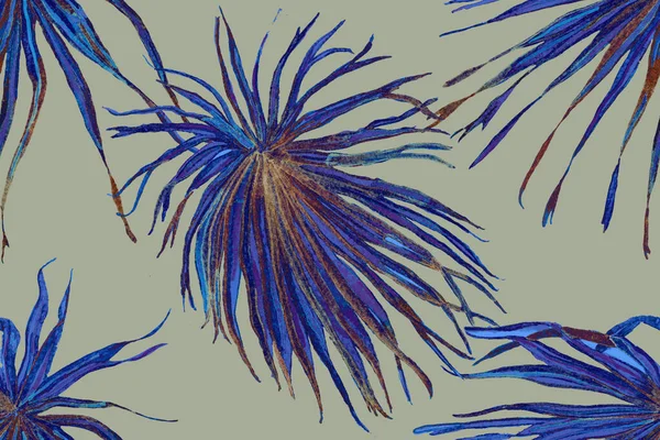İndigo Mavi Palmiye Yaprakları Eğlenceli Doku. Etnik Aloha İlişkisi. Egzotik Bikini Özgeçmişi. Suluboya Yatay Tropik Tasarım. Palm Geometric Mayo desenli. Tropikal Kusursuz Desen.
