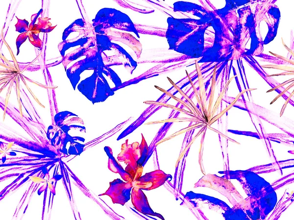 Orkideli mayo baskısı, Palm Leaves. Orkide Kusursuz Desen. Suluboya Çiçek Geçmişi. Tropik Yaz Baskısı. Egzotik Hawaii Tasarımı. Tayland döşeme dokusu. Pembe ve Mor