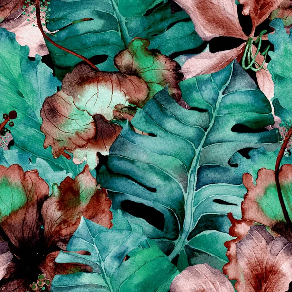 Yeşil Turkuaz Egzotik desen. Suluboya tropik yapraklar. Palm ve Hibiscus ormanları pürüzsüz. Bahar Hawaii suluboya geçmişi. Tropik palmiyeler, canavarlar, çiçek desenleri..