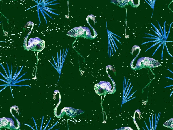 Büyük flamingo hippi yeşil Hawaii 'nin kusursuz deseni. İlkbahar suluboya tişört baskısı. Doymuş hippi mayo, tüylü kuşları olan fayanslar. Suluboya yatay fayans.