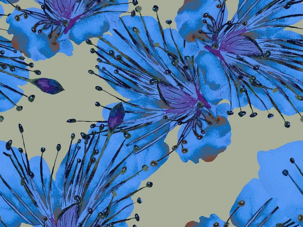 Kalın Çiçek deseni. Mavi İndigo 'da Büyük Hawaii Kusursuz Parmak izi. Büyük Hawaii Bahar Suyu Lilikoi Sonsuz Geçmişi. Kalın Çiçek Tasarımı.