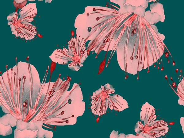 Cesur Çiçek Tasarımı. Yeşil ve Kırmızı Arkaplanda Büyük Tropikal Kusursuz Parmak izi. Büyük Orman Yaz Aquarelle Tutku Meyvesi Sonsuz Arkaplan. Sanatsal Kalın Çiçek Tasarımı.