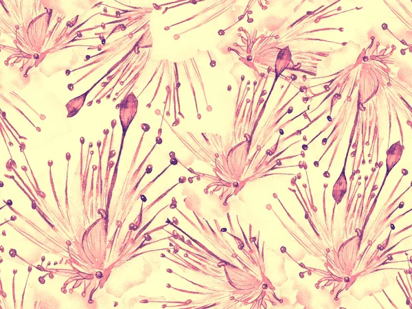 Kalın Çiçek deseni. Pembe ve Sarı Arkaplanda Büyük Orman Kusursuz Parmak izi. Geniş Orman Yaz Suluboya Lilikoi Sonsuz Geçmişi. Modern Kalın Çiçek Deseni.