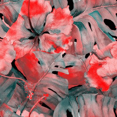 Pembe kırmızı egzotik desen. Suluboya tropik yapraklar. Palm ve Hibiscus ormanları pürüzsüz. Yaz Hawaii suluboya geçmişi. Avuç içleri, canavarlar, mayo izleri..