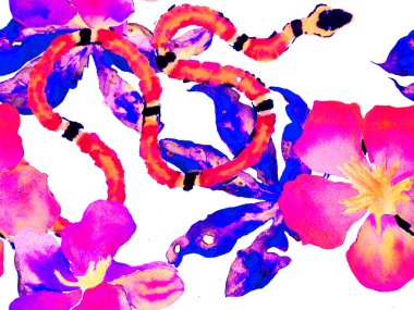 Klasik Mavi ve Lush Lav Kırmızı Aspid Kusursuz Desen. Yılan Derisi Parmak izi. Zehirli Ejder Taklidi. Afrika Safari Deri ve Flora İllüstrasyon. El çizimi tropik desen. Elapidae Egzotik Geçmişi.